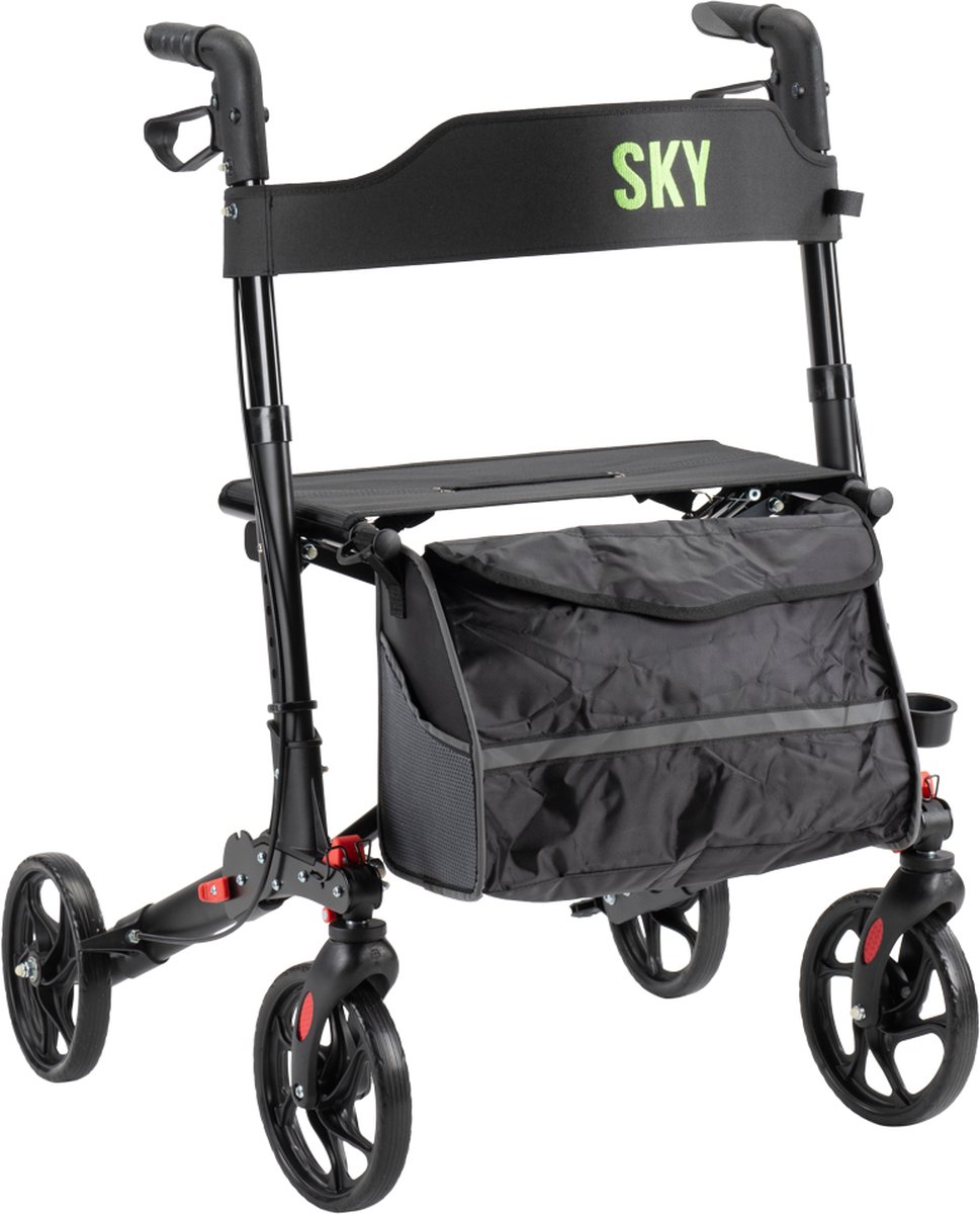 Goedkoopste Sky - Lichtgewicht rollator - Zwart - Dubbel opvouwbaar - Met stokhouder, tas en rugband