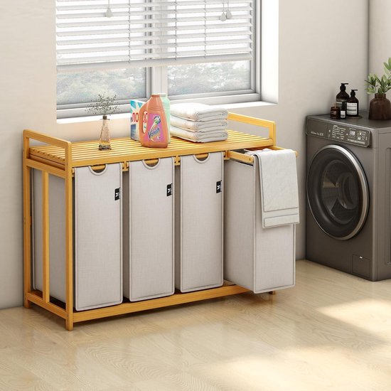 Wasmand Van Bamboe, Wasmand Van 100 L, Wasmand Met 2 Vakken Wassorteerder Met Deksel En Afneembare Waszak Katoenen Handgrepen Retrogrijs