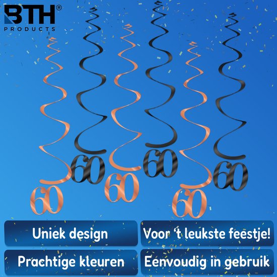 5 Zwarte en rosegouden slingers met het getal '60', op een blauwe achtergrond met confetti.