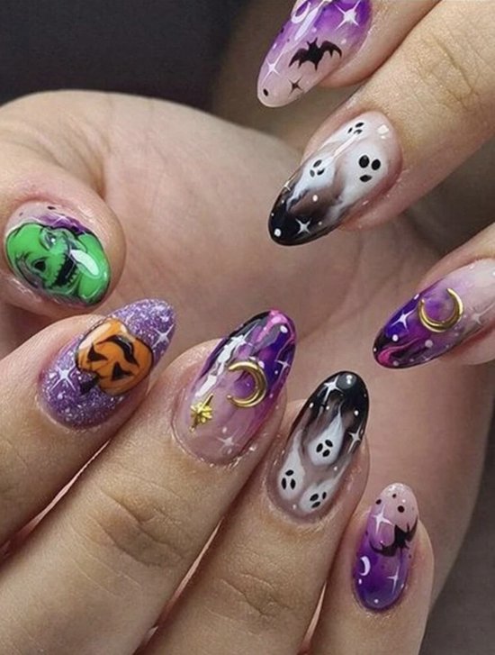 Foto: Nep nagels plaknagels halloween oranje medium ovaal trendy halloween nagels