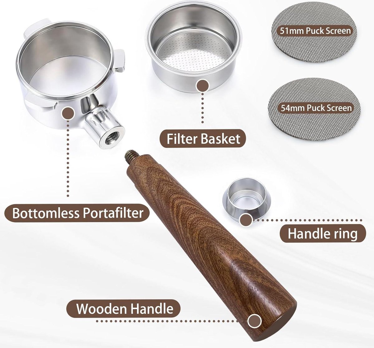 Vloerloze zeefdrager 51 mm 3 ears met espresso puck screen, zeefdrager 51 mm compatibel Dedica EC680/EC685, roestvrijstalen koffiepuck zeef, houten handvat, Barista-accessoires Vloerloze zeefdrager 51 mm 3 ears met espresso puck screen, zeefdrager 51 mm compatibel Dedica EC680/EC685, roestvrijstalen koffiepuck zeef, houten handvat, Barista-accessoires