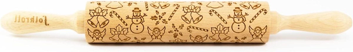 Decoratieve deegroller 2 handgrepen kerstvreugde motief klokken suikerstok sneeuwpop engel hulstpalmen - beukenhout - 370 x 45 x 45 mm