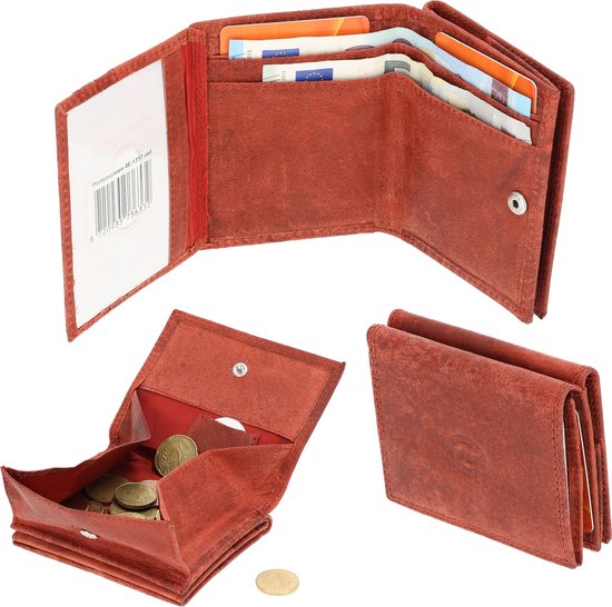 Rode portemonnee van buffelleer, opengewerkt, met pasjes, geld en een muntvak.