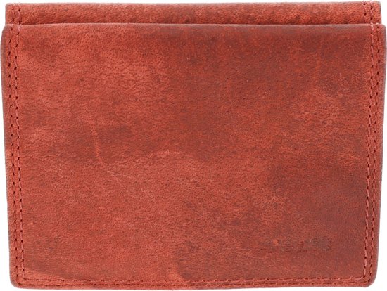 Rood leren portemonnee, gesloten, met een gevlekt uiterlijk en stiksels aan de zijkanten.