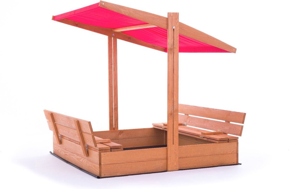 Zandbak - met dak en bankjes - 140x140 cm - rood