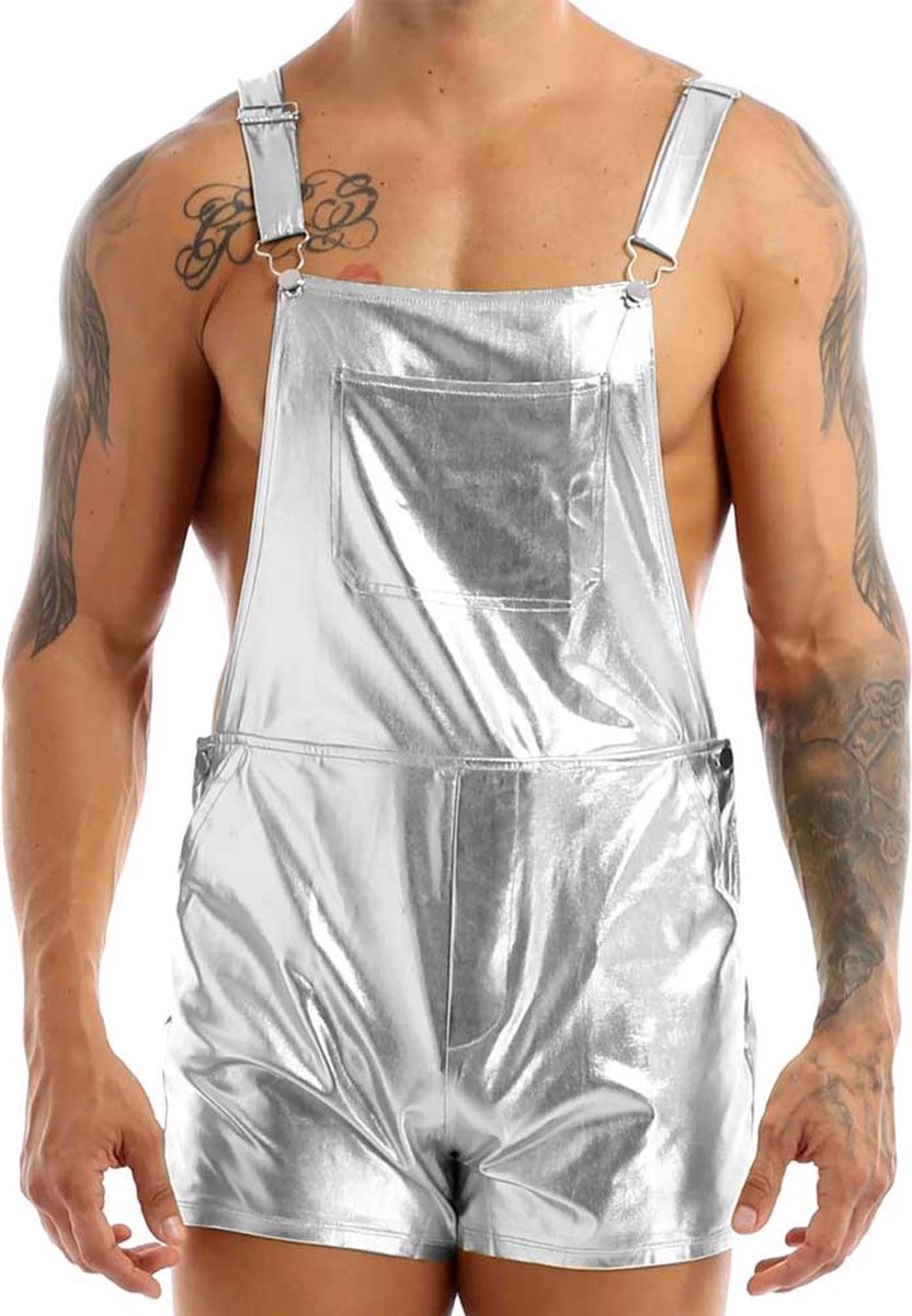 Goedkoopste Zilveren Heren Overall – Glanzend – Sexy Festival Outfit – Verstelbaar