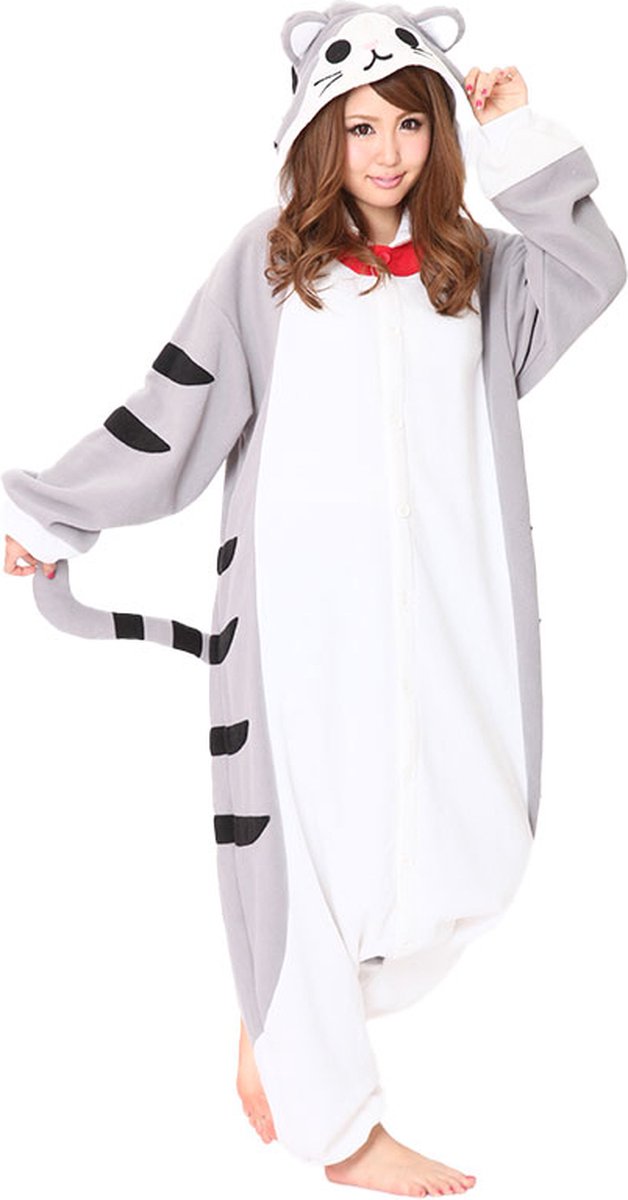 Grijze Kat Onesie Pak Kostuum Outfit Huispak Jumpsuit Verkleedpak - Premium Verkleedkleding - Halloween & Carnaval - SAZAC - Kinderen & Volwassenen - Maat Onesize voor Lichaamslengte (155-182cm)