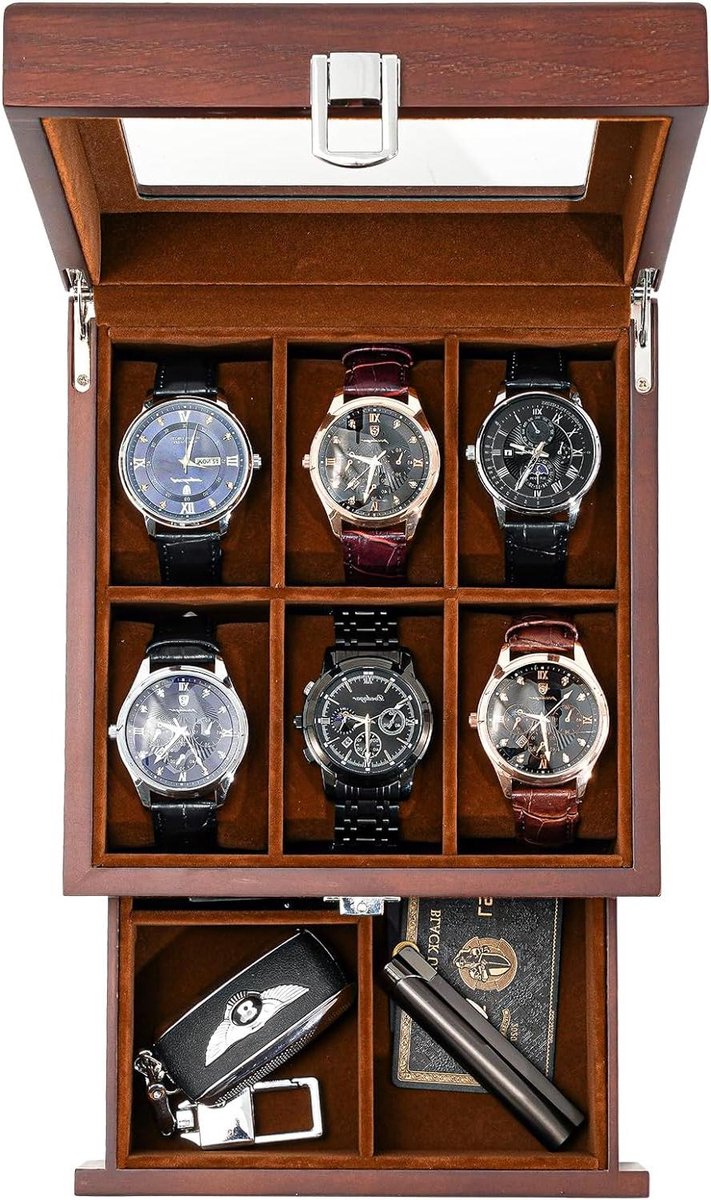 Houten horlogedoos 6 sleuven heren-horloge organizer glazen bovenblad vitrinekast horlogeopslag Espresso.