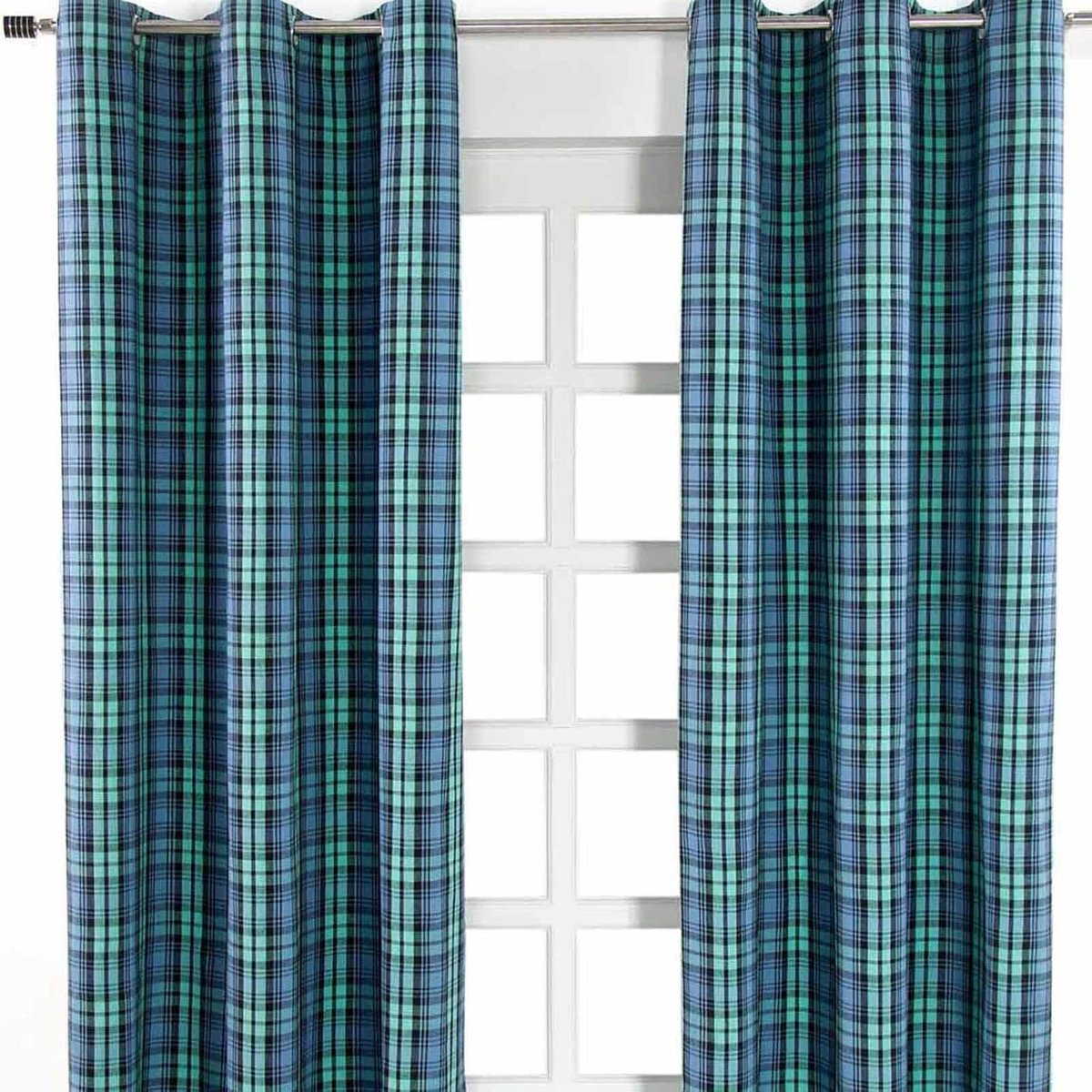 Homescapes Blackwatch Tartan ooggordijnen set van 2 100% katoen, 228 x 137 cm Blauw/Wit/Groen