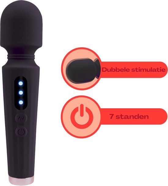 Zwarte vibrator met 3 blauwe LED-lampjes. Tekst 'Dubbele stimulatie' en '7 standen'.