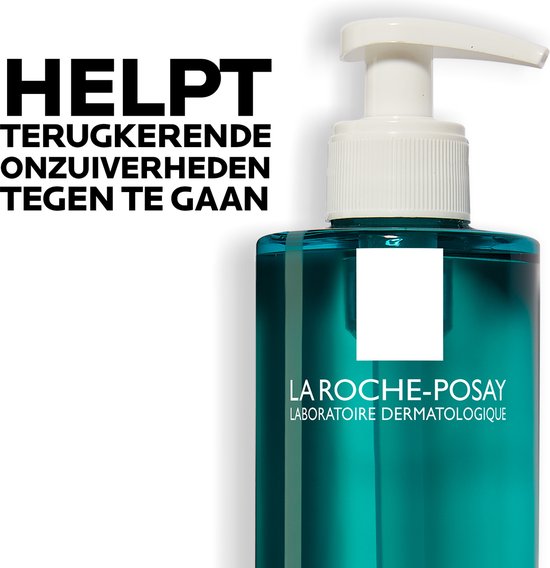 Pompflacon La Roche-Posay Effaclar met tekst 'Helpt terugkerende onzuiverheden tegen te gaan'.