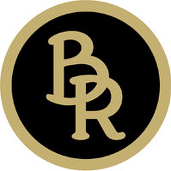 Gouden BR logo op een zwarte cirkel.