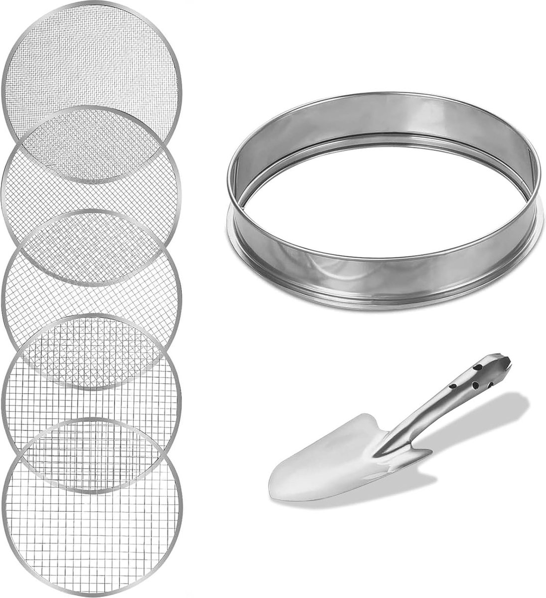 Ronde Tuinzeef 30 cm met 5 Verwisselbare Maasmaten - Roestvrijstalen Bodemzeefset voor Tuin en Compost
