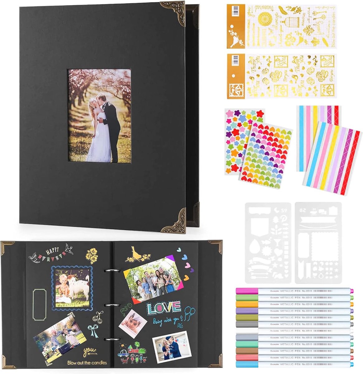 Goedkoopste Creatief Fotoboek met Ringband - Zwart Album voor 160 Foto's, Inclusief Kleurmarkers en Accessoires