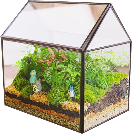 Homtone 18 cm grote geometrische terrarium plantenbak, huisvorm zwarte