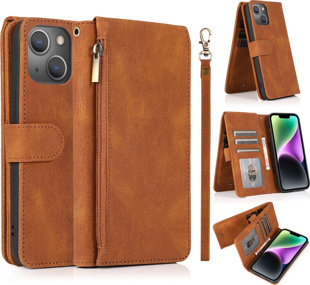 Hoesje geschikt voor iPhone 16 Pro - Bookcase - Pasjeshouder - Portemonnee - Rits - Kunstleer - Bruin