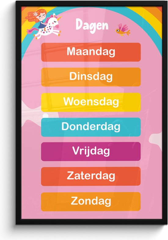 Poster in lijst - Fotolijst 60x90 cm - Posters - Dagen van de week - Educatief - Leren voor kinderen - Roze - Posterlijst zwart - Kamer decoratie - Wanddecoratie kinderkamer - Muurdecoratie babykamer
