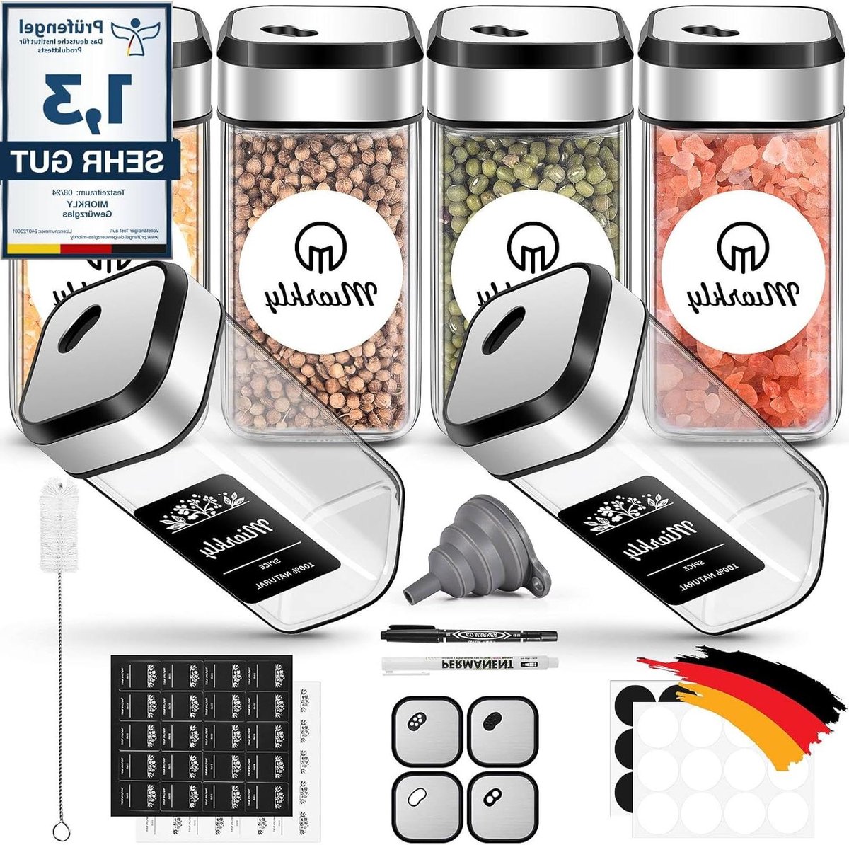 Kruidenpotjes met strooiinzetstuk set van 6 glazen kruidenstrooier 120 ml draaibaar deksel etiket AN222 A. Kruidenpotjes vierkant