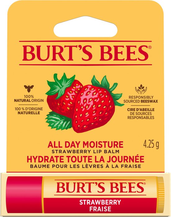 Burt's Bees strawberry lippenbalsem verpakking met een illustratie van twee aardbeien en tekst 'All Day Moisture Strawberry Lip Balm'.