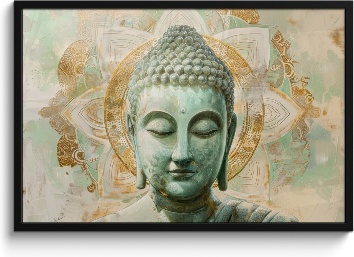 FrameYourWall Poster in lijst - Fotolijst 90x60 cm - Posters - Buddha - Mandala - Modern - Spiritualiteit - Posterlijst zwart - Decoratie - Wanddecoratie woonkamer - Muurdecoratie slaapkamer