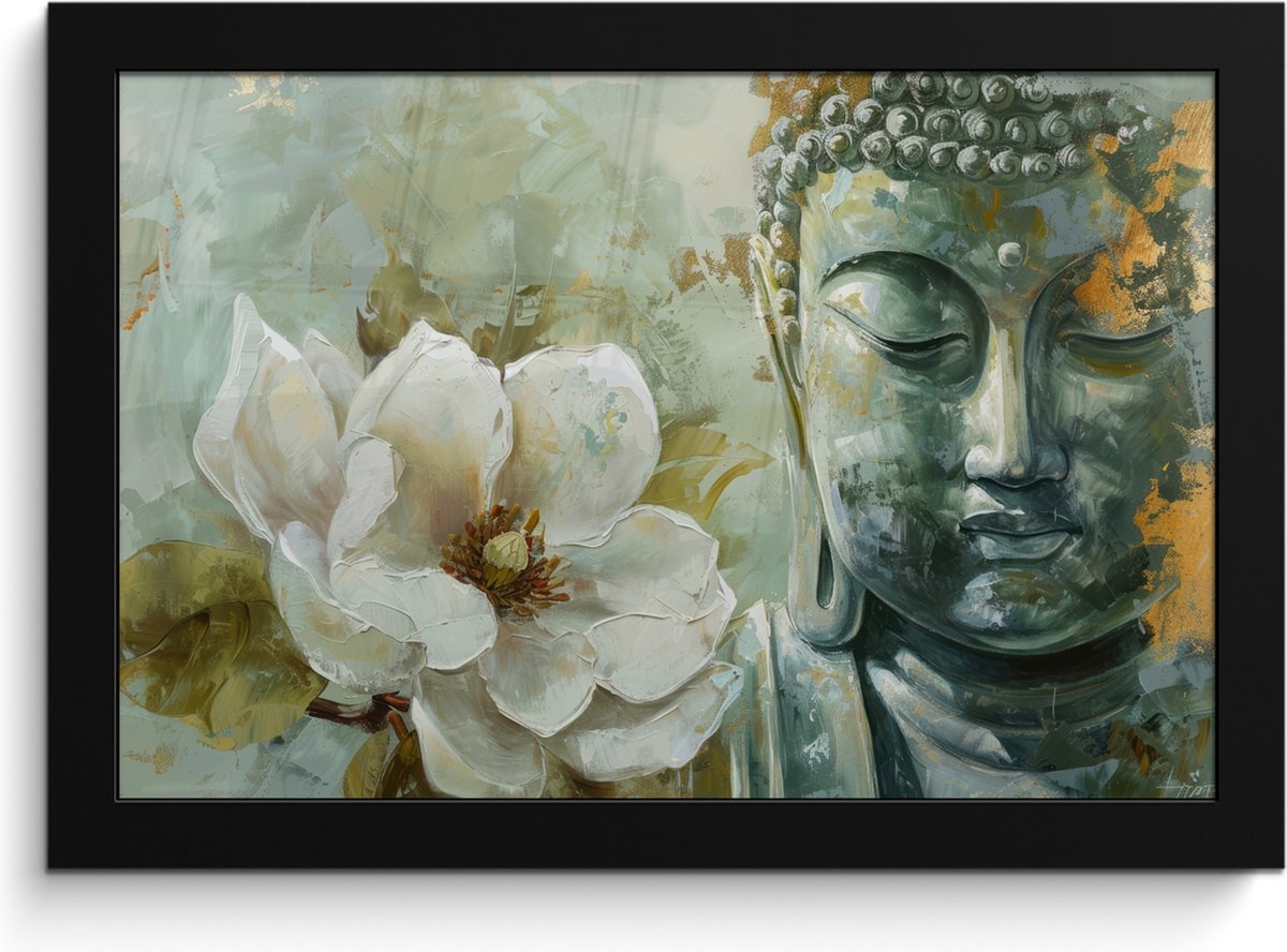FrameYourWall Poster in lijst - Fotolijst 30x20 cm - Posters - Boeddha - Groen - Lotusbloem - Wit - Posterlijst zwart - Decoratie - Wanddecoratie woonkamer - Muurdecoratie slaapkamer