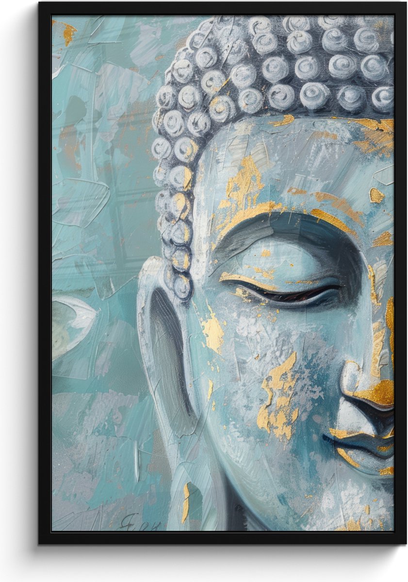 FrameYourWall Poster in lijst - Fotolijst 60x90 cm - Posters - Boeddha - Bloem - Lotus - Goud - Blauw - Posterlijst zwart - Decoratie - Wanddecoratie woonkamer - Muurdecoratie slaapkamer Boeddha - Blauw