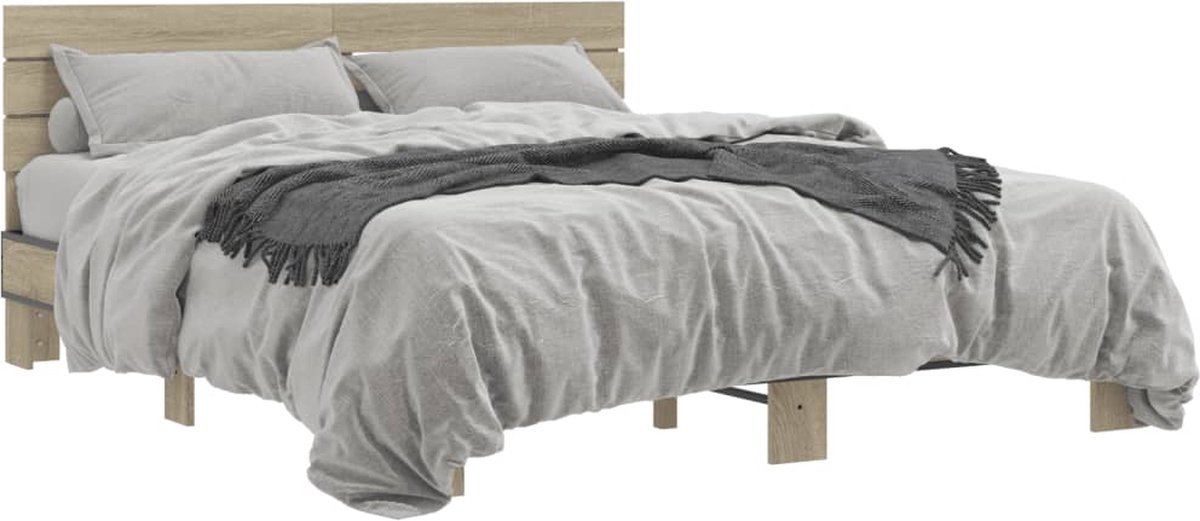 vidaXL - Bedframe - bewerkt - hout - metaal - sonoma - eikenkleurig - 150x200 - cm