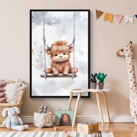 Poster in lijst - Fotolijst 80x120 cm - Posters - Schotse hooglander - Dier - Kinderen - Babykamer - Kinderkamer - Posterlijst zwart - Kamer decoratie - Wanddecoratie kinderkamer - Muurdecoratie babykamer