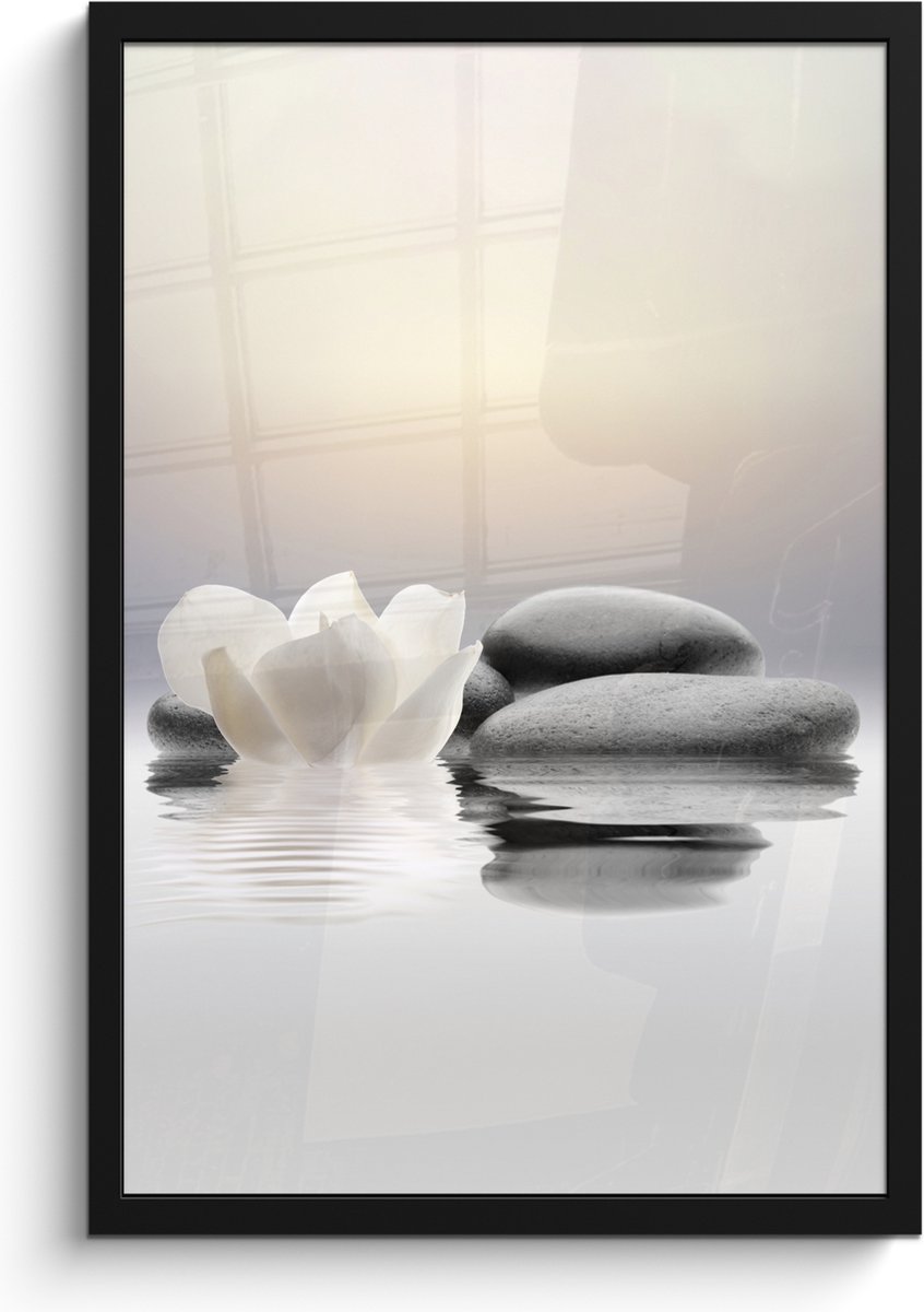 FrameYourWall Poster in lijst - Fotolijst 40x60 cm - Posters - Stenen - Lotus - Wit - Water - Zen - Posterlijst zwart - Wanddecoratie badkamer - Muurdecoratie WC - Decoratieve accessoires - Toilet muur decoratie Stenen - Bloem
