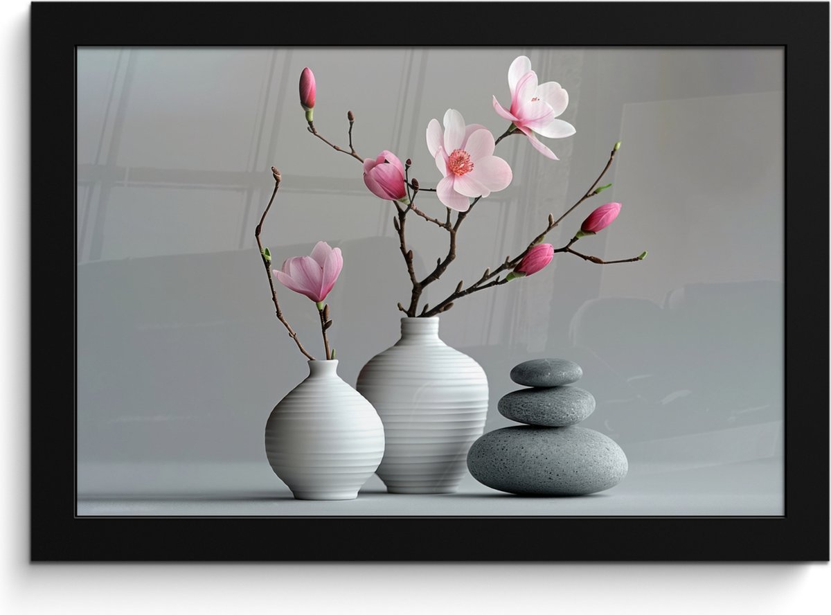 FrameYourWall Poster in lijst - Fotolijst 30x20 cm - Posters - Magnolia - Bloemen - Roze - Zen stenen - Posterlijst zwart - Wanddecoratie badkamer - Muurdecoratie WC - Decoratieve accessoires - Toilet muur decoratie Bloemen - Vaas