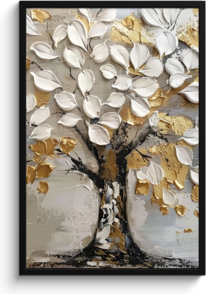 FrameYourWall Poster in lijst - Fotolijst 60x90 cm - Posters - Boom - Beige - Grijs - Goud - Abstract - Posterlijst zwart - Decoratie - Wanddecoratie woonkamer - Muurdecoratie slaapkamer Wit - Goud