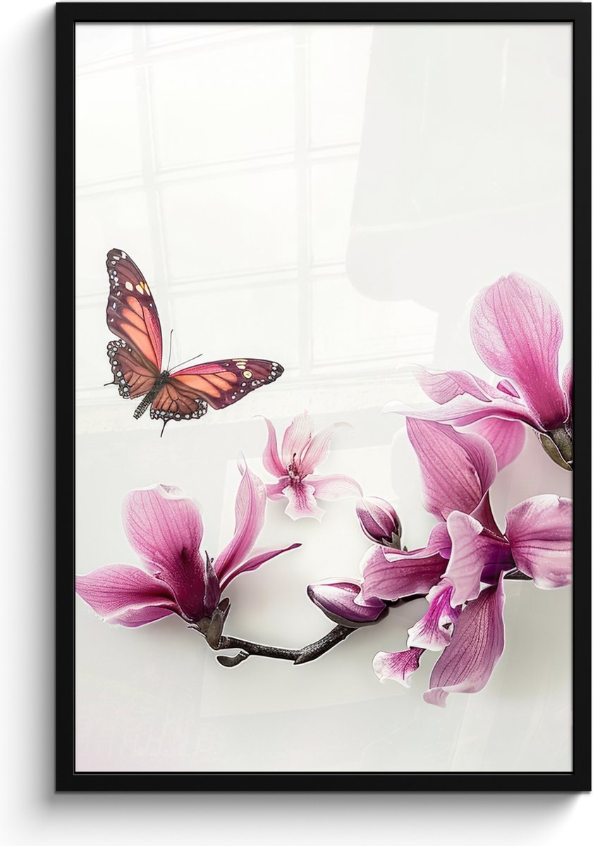 FrameYourWall Poster in lijst - Fotolijst 60x90 cm - Posters - Bloesem - Vlinder - Roze - Natuur - Wit - Posterlijst zwart - Wanddecoratie badkamer - Muurdecoratie WC - Decoratieve accessoires - Toilet muur decoratie Bloem - Vlinder