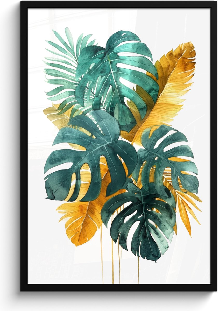 Poster in lijst - Fotolijst 60x90 cm - Posters - Bladeren - Tropisch - Goud - Groen - Mode
