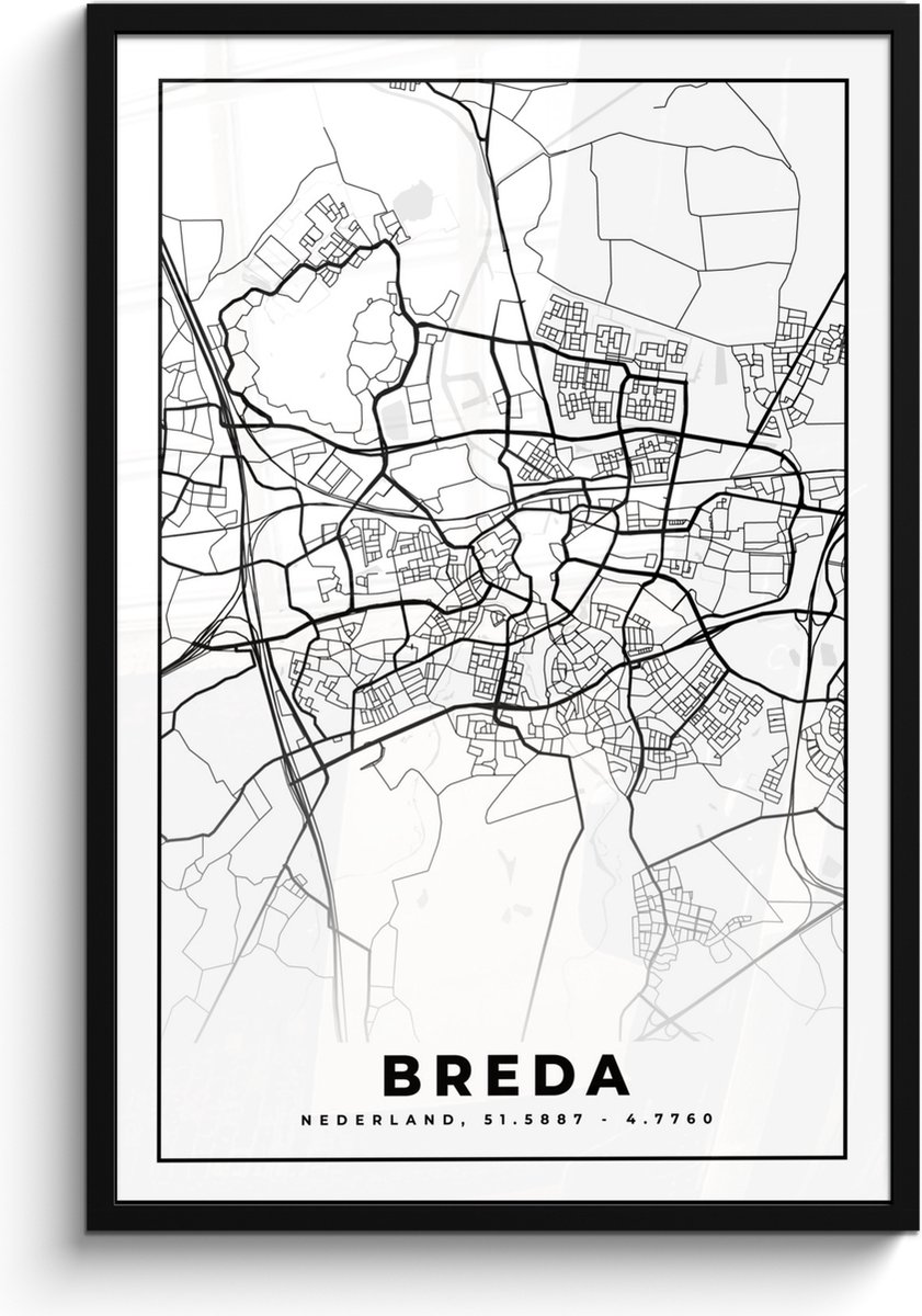 Poster in lijst - Fotolijst 60x90 cm - Posters - Kaart - Breda - Zwart - Wit - Posterlijst zwart - Decoratie - Wanddecoratie woonkamer - Muurdecoratie slaapkamer