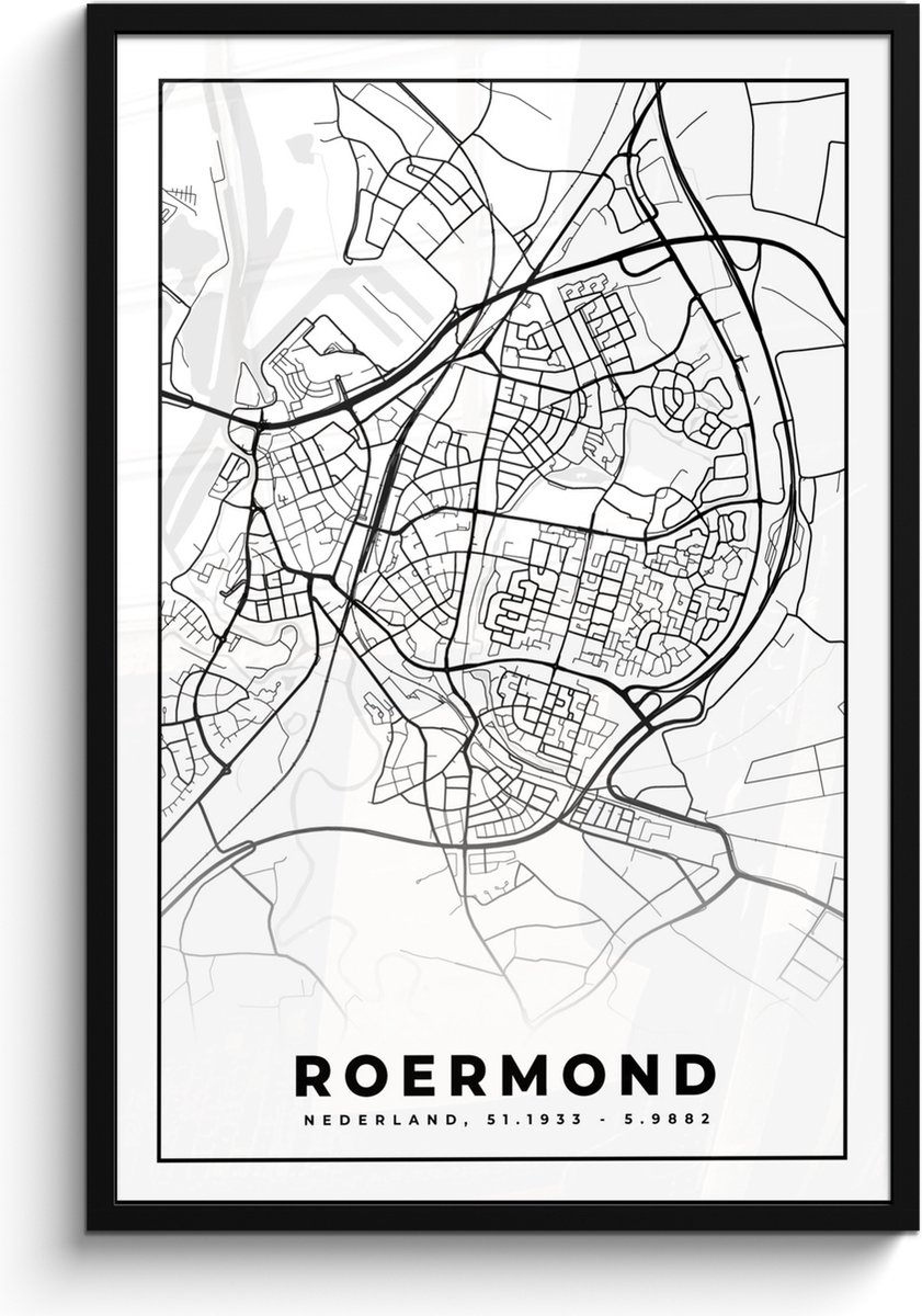 Poster in lijst - Fotolijst 60x90 cm - Posters - Kaart - Roermond - Zwart - Wit - Posterlijst zwart - Decoratie - Wanddecoratie woonkamer - Muurdecoratie slaapkamer