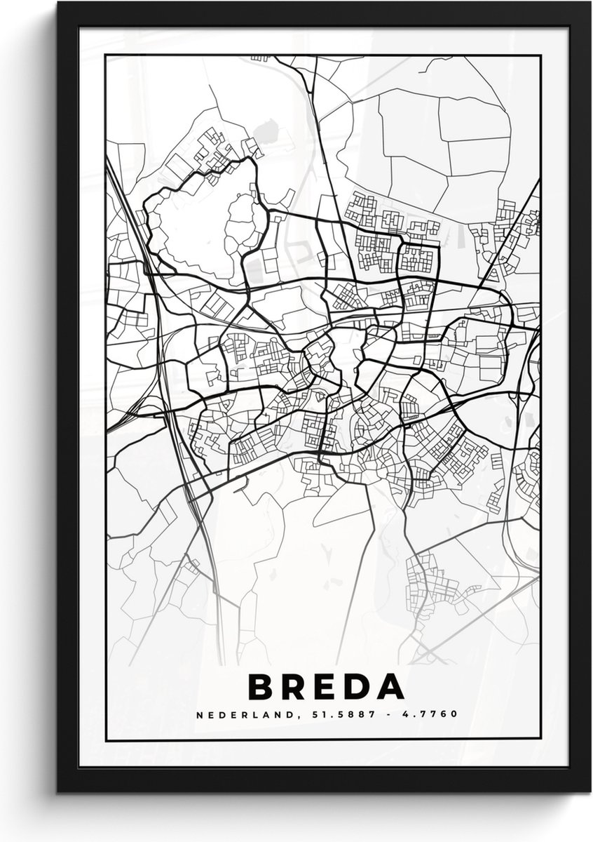 Poster in lijst - Fotolijst 40x60 cm - Posters - Kaart - Breda - Zwart - Wit - Posterlijst zwart - Decoratie - Wanddecoratie woonkamer - Muurdecoratie slaapkamer