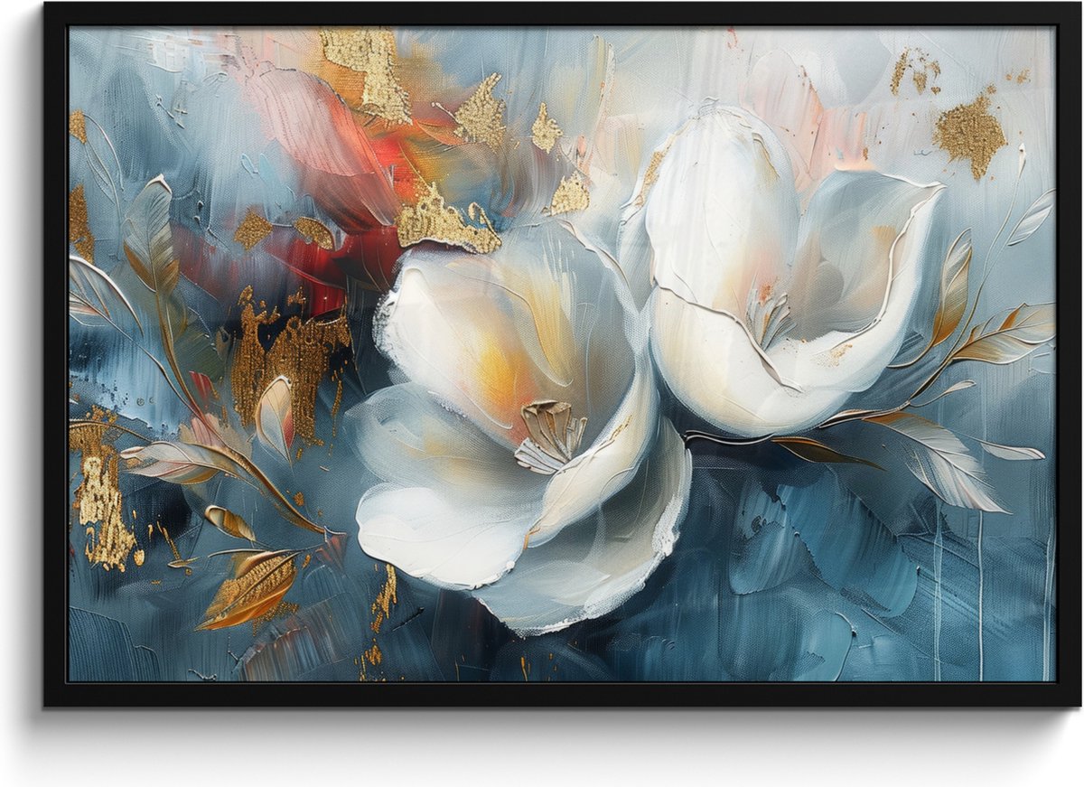 FrameYourWall Poster in lijst - Fotolijst 90x60 cm - Posters - Bloemen - Wit - Goud - Kunst - Abstract - Posterlijst zwart - Decoratie - Wanddecoratie woonkamer - Muurdecoratie slaapkamer