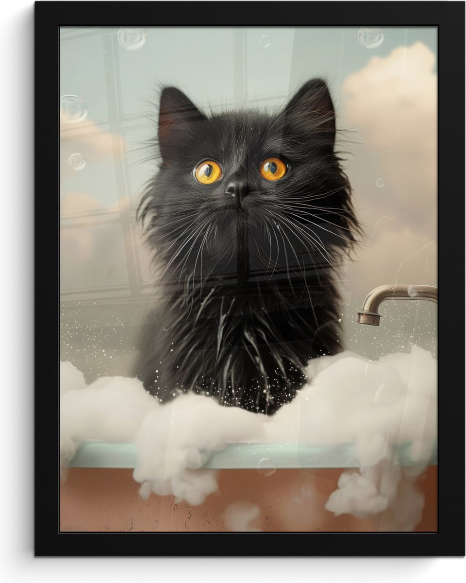 Poster in lijst - Fotolijst 30x40 cm - Posters - Kat - Bad - Zwart - Dieren - Schuim - Pos
