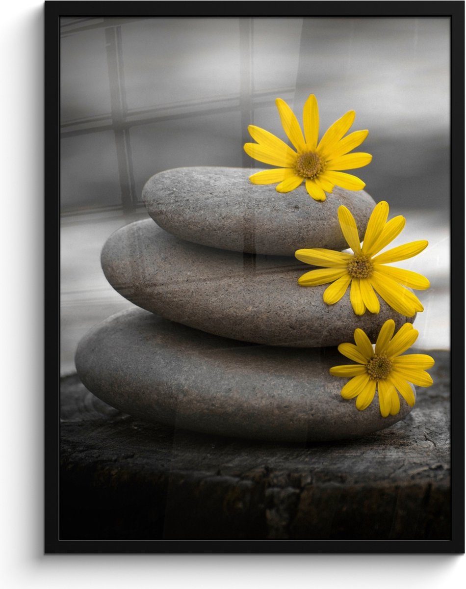 FrameYourWall Poster in lijst - Fotolijst 60x80 cm - Posters - Zen stenen - Bloemen - Geel - Natuur - Posterlijst zwart - Wanddecoratie badkamer - Muurdecoratie WC - Decoratieve accessoires - Toilet muur decoratie Stenen - Grijs
