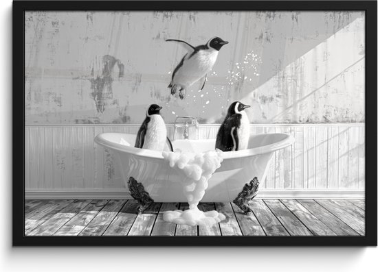 Affiche sous cadre - Cadre photo 60x40 cm - Posters - Pingouins - Vintage - Animaux - Zwart - Wit - Cadre affiche noir - Décoration Décoration murale salle de bain - Décoration murale toilette - Accessoires décoratifs - Décoration murale Toilettes