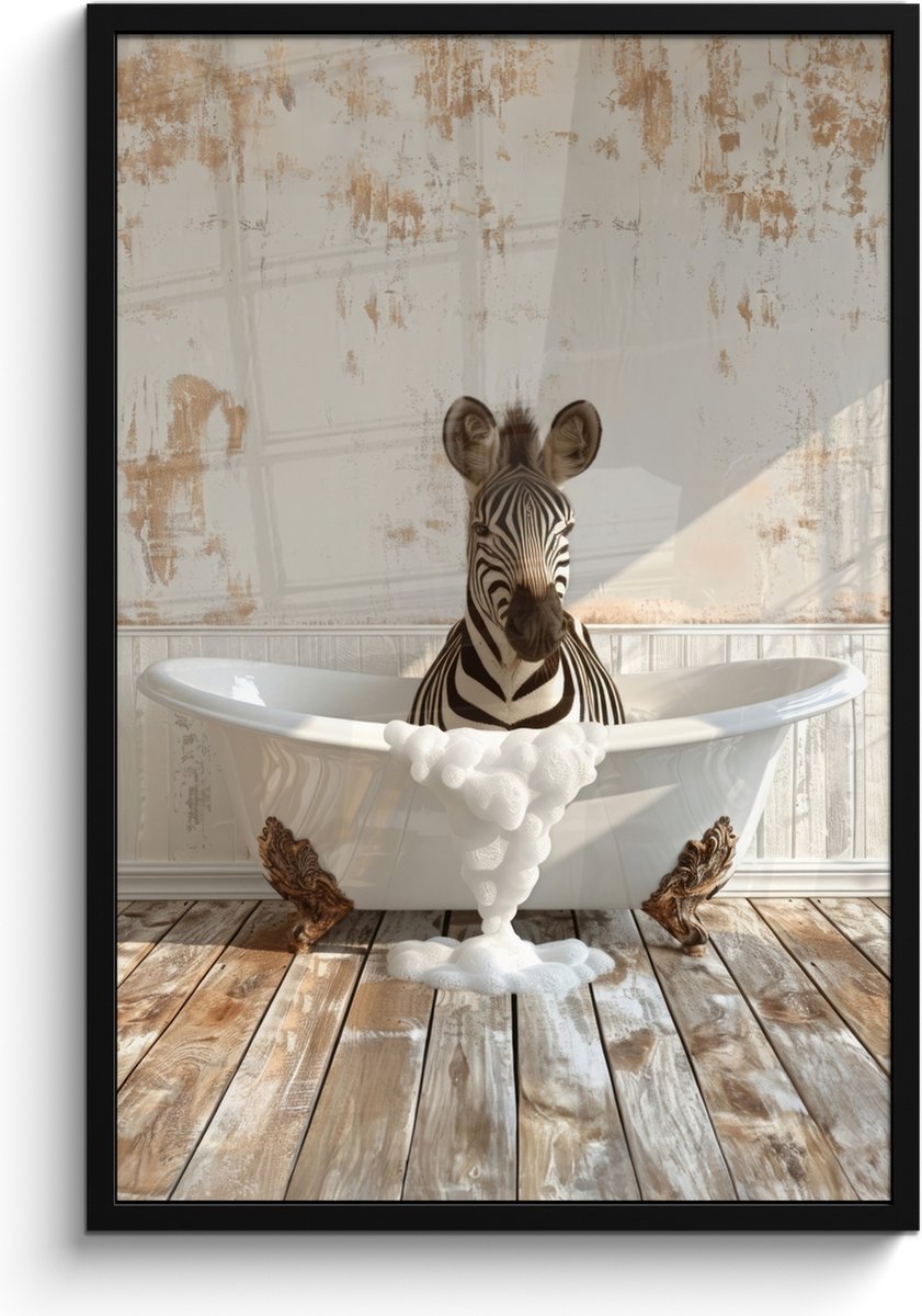 FrameYourWall Poster in lijst - Fotolijst 60x90 cm - Posters - Vintage - Zebra - Wilde dieren - Badkuip - Posterlijst zwart - Wanddecoratie badkamer - Muurdecoratie WC - Decoratieve accessoires - Toilet muur decoratie Zebra - Badkuip