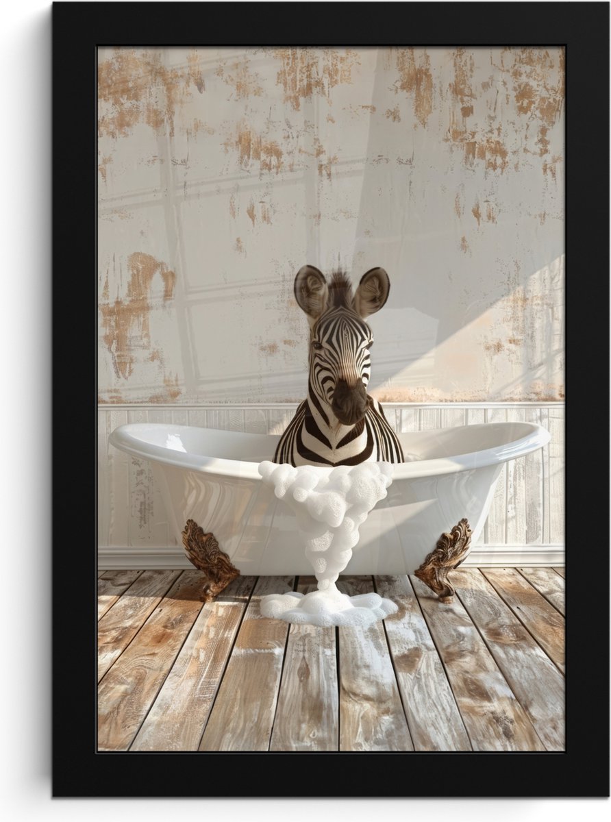 FrameYourWall Poster in lijst - Fotolijst 20x30 cm - Posters - Vintage - Zebra - Wilde dieren - Badkuip - Posterlijst zwart - Wanddecoratie badkamer - Muurdecoratie WC - Decoratieve accessoires - Toilet muur decoratie Zebra - Badkuip