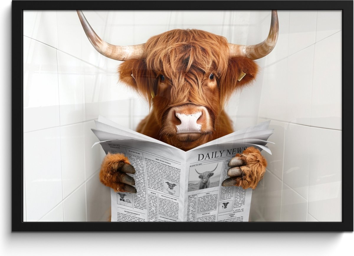 FrameYourWall Poster in lijst - Fotolijst 60x40 cm - Posters - Schotse Hooglander - Dier - Krant - Toilet - Posterlijst zwart - Wanddecoratie badkamer - Muurdecoratie WC - Decoratieve accessoires - Toilet muur decoratie Schotse hooglander - WC