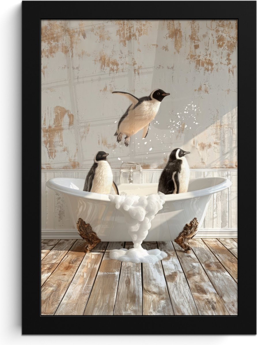 FrameYourWall Poster in lijst - Fotolijst 20x30 cm - Posters - Vintage - Pinguïn - Badkuip - Schuim - Posterlijst zwart - Wanddecoratie badkamer - Muurdecoratie WC - Decoratieve accessoires - Toilet muur decoratie Pinguïns - Badkuip