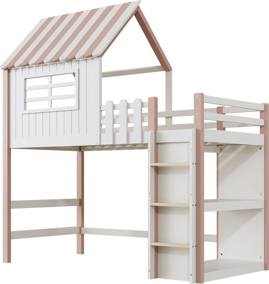 Sweiko Lit d'enfant 90 x 200 cm, lit de fille haut et bas, lit familial, échelle de sécurité avec boîte de rangement, lit multifonctionnel en forme de toit, lit en bois Massief avec cadre plat en forme de nouilles, rose (Geen matelas)