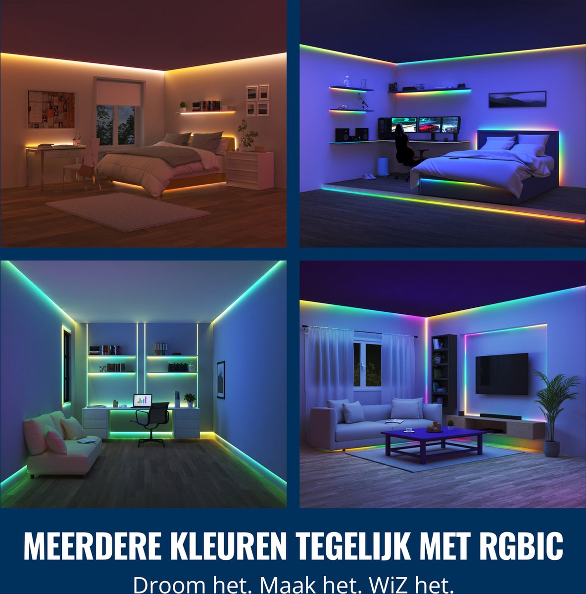 WiZ RGBIC LED strip - 10 meter (2x 5M) - Makkelijke installatie - 16 Miljoen kleuren - Muzieksynchronisatie - RGBIC; meerdere kleur tegelijk — afbeelding 3