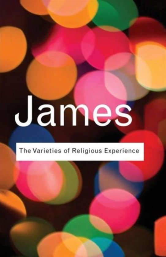 Boek: James, The Varieties of Religious Experience, met een achtergrond van bokeh-verlichting in roze, oranje, geel en groen.