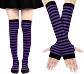 Armwarmers - Damessokken - Gestreepte kniekousen - Armwarmers zonder vingers - Dames lange vingerloze sokken - Handschoenen gebreid - Armwarmers - Duimgat elastische handschoenen (1 set Zwarte en paarse strepen)