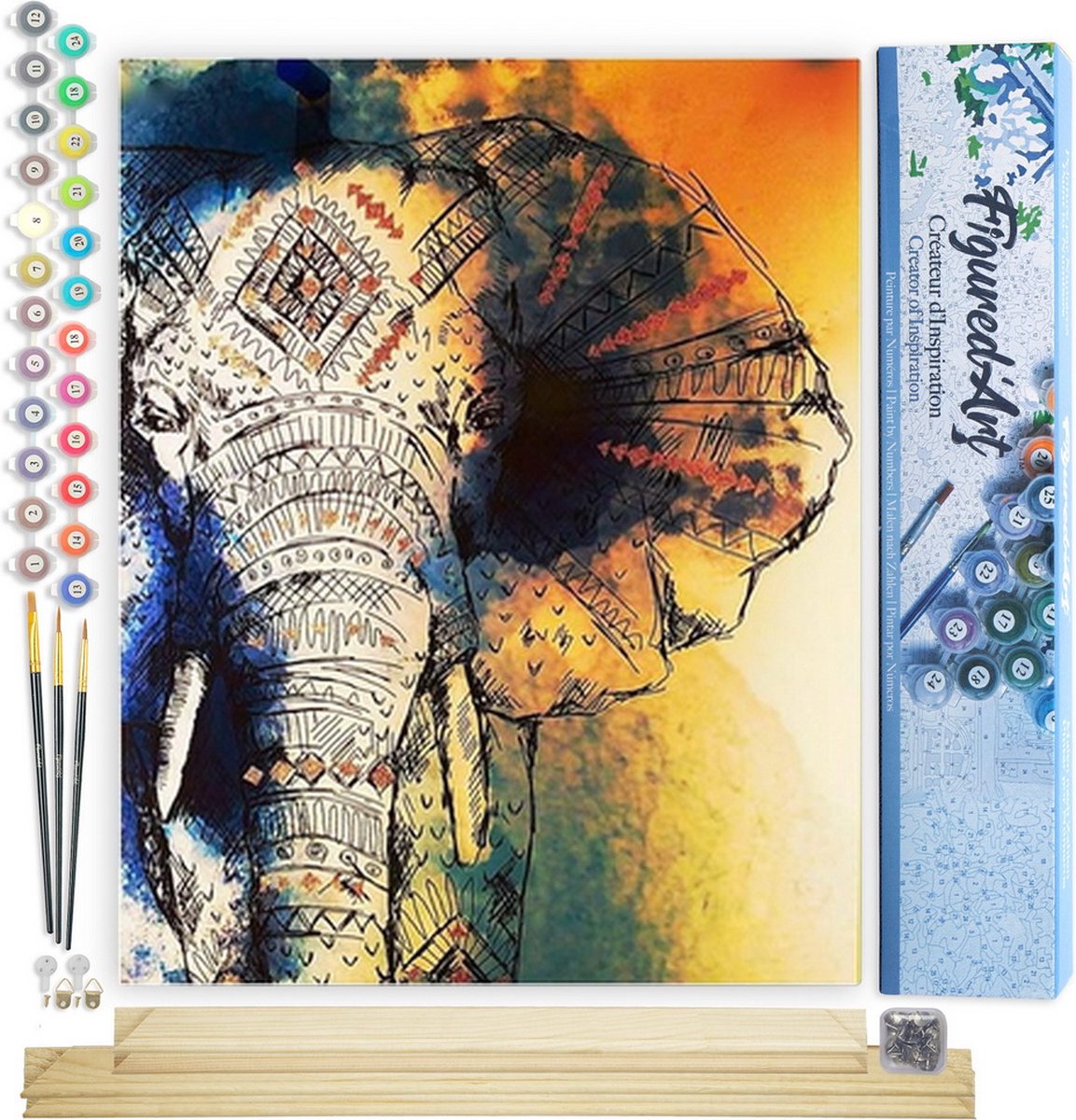 Figured'Art Schilderen op Nummer Volwassenen canvas Aziatische Olifanten - Handwerk acrylverf Kit DIY Compleet - 40x50cm met DIY houten lijst
