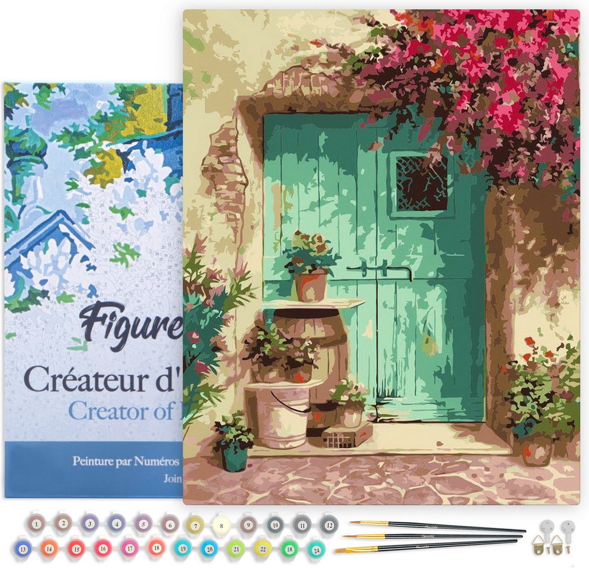 Figured'Art Schilderen op Nummer Volwassenen met lijst - Groene deur - Handwerk acrylverf Kit DIY Compleet - 40x50cm Canvas al ingelijst